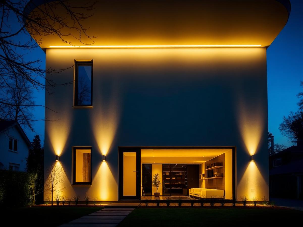 Fassade eines modernen Wohnhauses in der Dämmerung mit Außen- und Akzentbeleuchtung