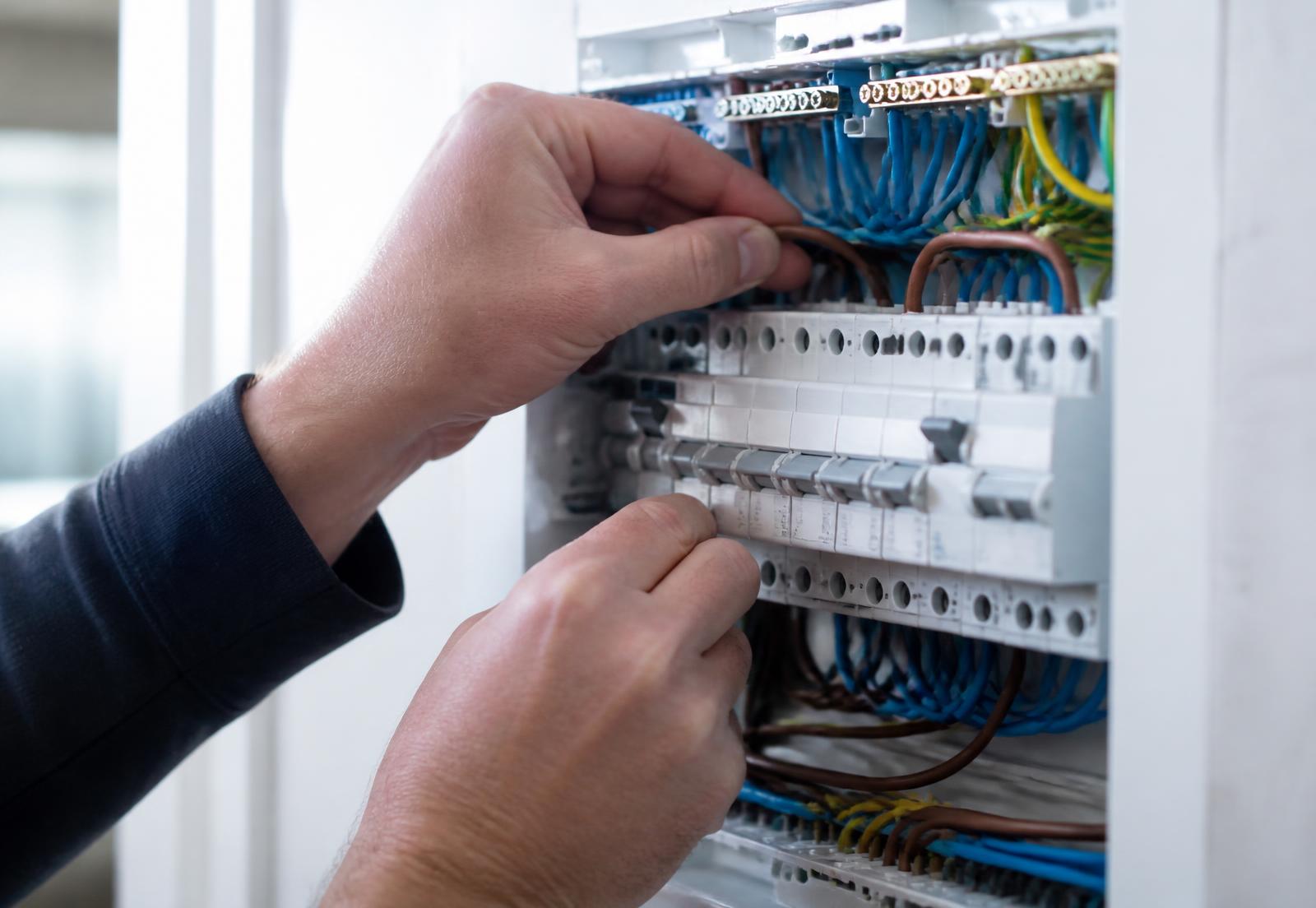 Elektrofachkraft verdrahtet einen Sicherungsverteiler in einem Wohngebäude